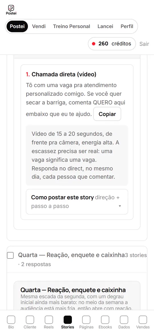 Tela do Postei com a sequência de stories da semana