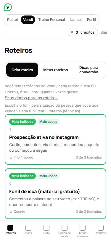 Tela do Vendi com roteiros de venda por situação